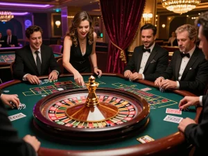 Fly88 players engaged at roulette table, showcasing a thrilling gaming moment in elegant casino.