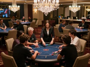 Players engaging in strategic gameplay at a luxurious u888 casino poker table surrounded by elegant decor.