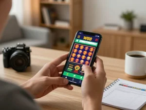 Player engages in online gaming at W88 casino app from home, showcasing mobile betting.