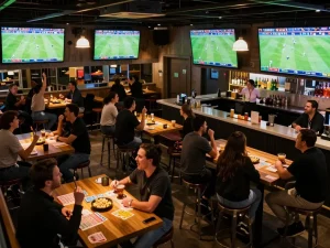 KQBD viewers cheering for their favorite teams while placing bets in an engaging sports bar atmosphere