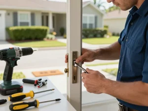 PSL Lock and Key locksmith servicing a home door lock in Port St. Lucie.