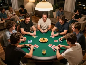 F168 players enjoying an exciting poker game at a casual home setup with snacks and drinks.