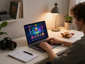 Engaging online gaming session on 8kbet with player using laptop, cozy desk setup.