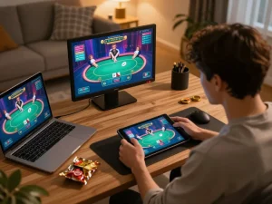 Engaging online gambling experience at NOHU90 with a player using a tablet in a cozy home setting