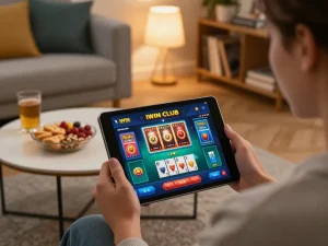 IWIN CLUB player enjoys thrilling gameplay on a tablet in a cozy home setup with snacks.