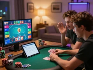 Engaged players at an online poker game, focusing on game bài đổi thưởng uy tín for better odds and strategies.