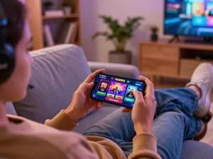Cảnh tượng hấp dẫn của một người đang chơi trò chơi casino 12bet trên điện thoại thông minh trong khi thư giãn tại nhà.