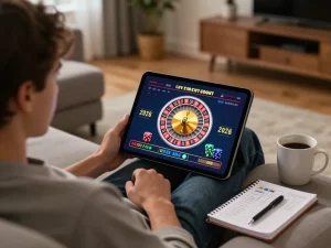 Player engaging in khuyến mãi tg88 while enjoying a live roulette game on a tablet in a cozy home setting.