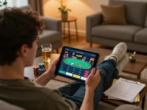 Engaging with the luck8 app for online casino gaming, showcasing strategy and comfort in a cozy setup