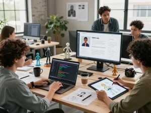Dynamic workspace showcasing professionals developing NSFW character AI, filled with creative tools and collaborative energy.