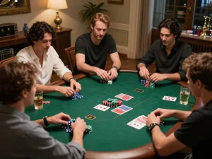 Players engaging in a strategic poker game at home, showcasing the fun of bem88.