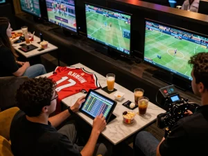 Person analyzing odds on tablet for KO66 sports betting in a social setting