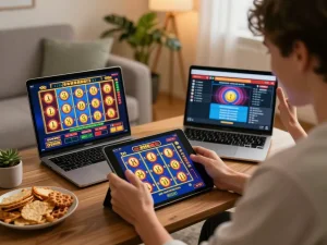 Excited player celebrating a win at Nhà cái KK55 while playing slots on their tablet at home.