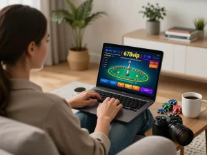 Engaged player using 678vip online casino, exploring blackjack strategies in a cozy home setting.