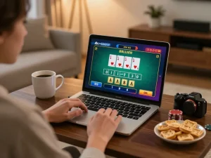 Engaging in a live dealer blackjack game on cm88 platform with cozy home setup