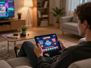 LUCKYWIN app displayed on tablet during a relaxed online gaming session at home.