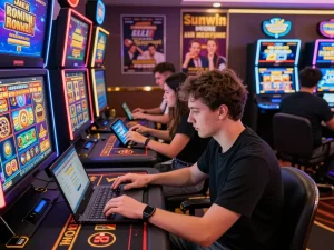 Engaged players enjoying Sunwin's vibrant online casino games, showcasing excitement and diversity.
