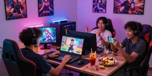 Players enjoying a colorful hentai game on various devices in a lively gaming room.
