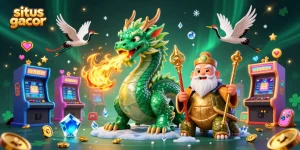 Experience situs gacor with a magical scene featuring a jade dragon and lucky symbols amidst casino elements.