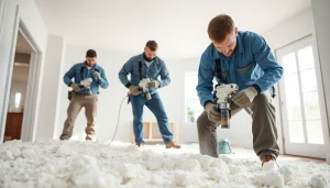 Painting specialists performing spray foam removal for mortgage assessment indoors.