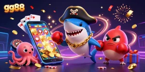 Engage with the lively scene featuring gg88's animated characters amid vibrant casino elements.