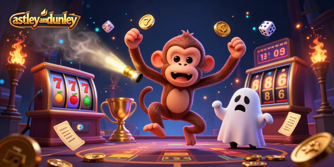 astleyanddunley showcases a lively 3D illustration of a playful poker monkey and a curious puppy in a casino