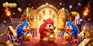 Engaging in thrilling bets with s8app, vibrant pangolin rivals amidst golden casino treasures.