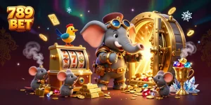 Win big at 789 BET while engaging with dynamic casino games in an ultra-detailed illustration.