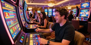 Excited player at credit card casinos UK, engaging with vibrant slot machine and friends in lively casino setting.