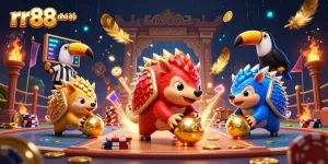 rr88 chính thức features an engaging scene with pangolins and poker chips, showcasing dynamic casino action.