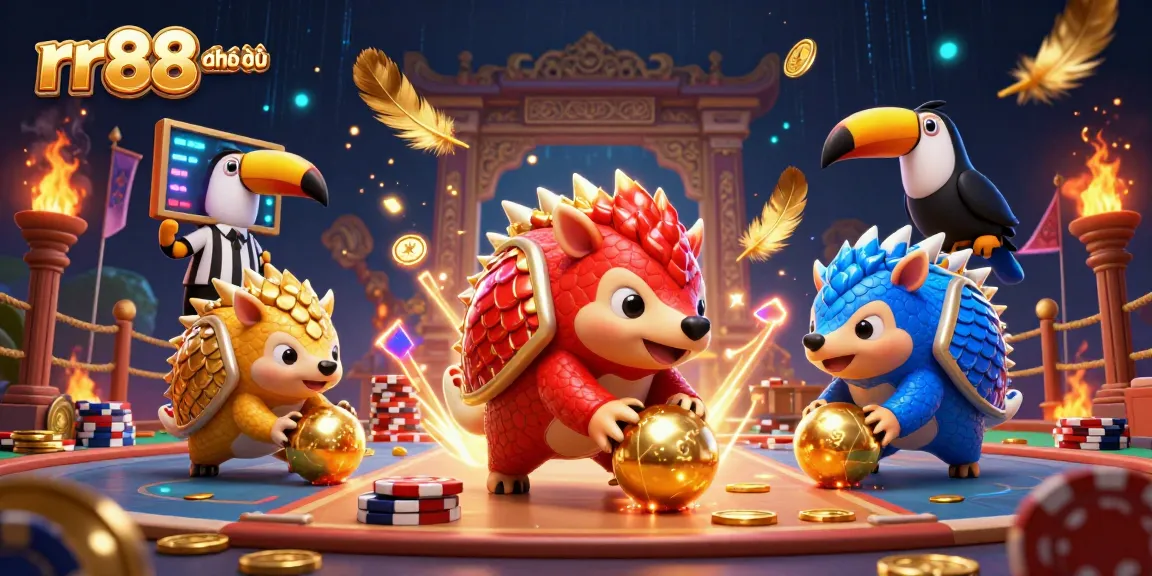 rr88 chính thức features an engaging scene with pangolins and poker chips, showcasing dynamic casino action.